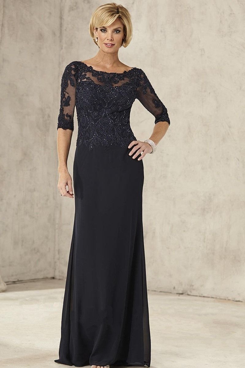 Black Lace Illusion Gown - fall mother of the bride gown for women over 50, elegant evening wedding outfit