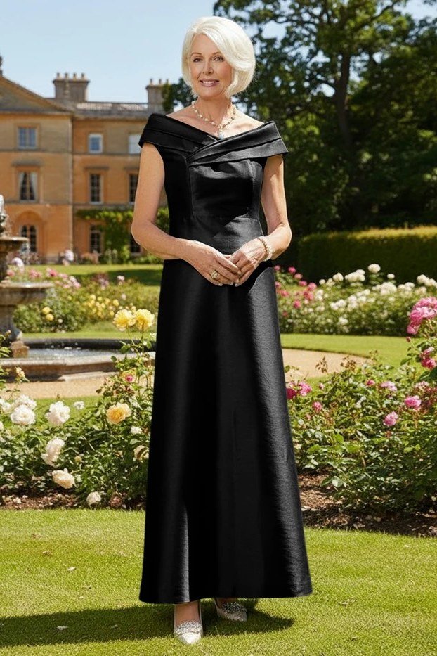 Black Satin Evening Gown - fall mother of the bride gown for women over 50, elegant evening wedding outfit