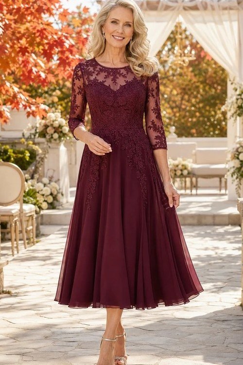 Burgundy Lace Tea-Length Dress - fall mother of the bride dress for women over 50, elegant evening wedding outfit