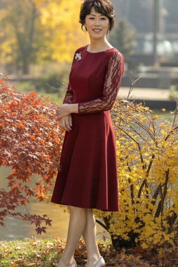 Burgundy Lace Knee-Length Dress - fall mother of the bride dress for women over 50, elegant evening wedding outfit