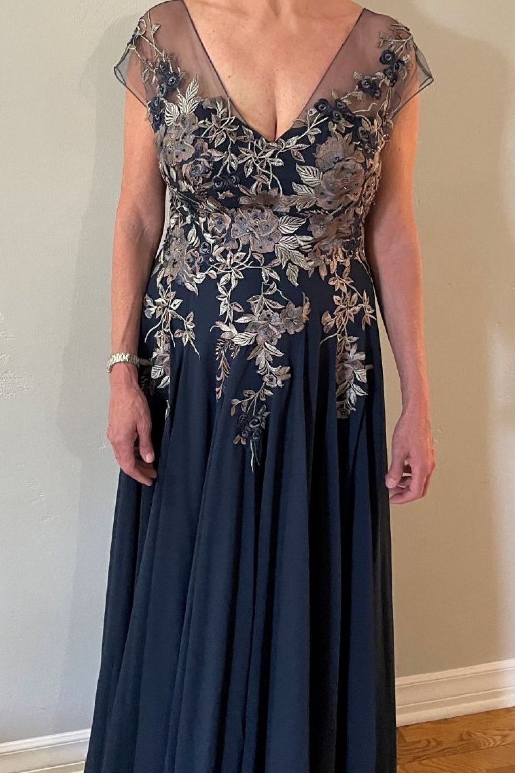 Navy Embroidered Gown - fall mother of the bride gown for women over 50, elegant evening wedding outfit