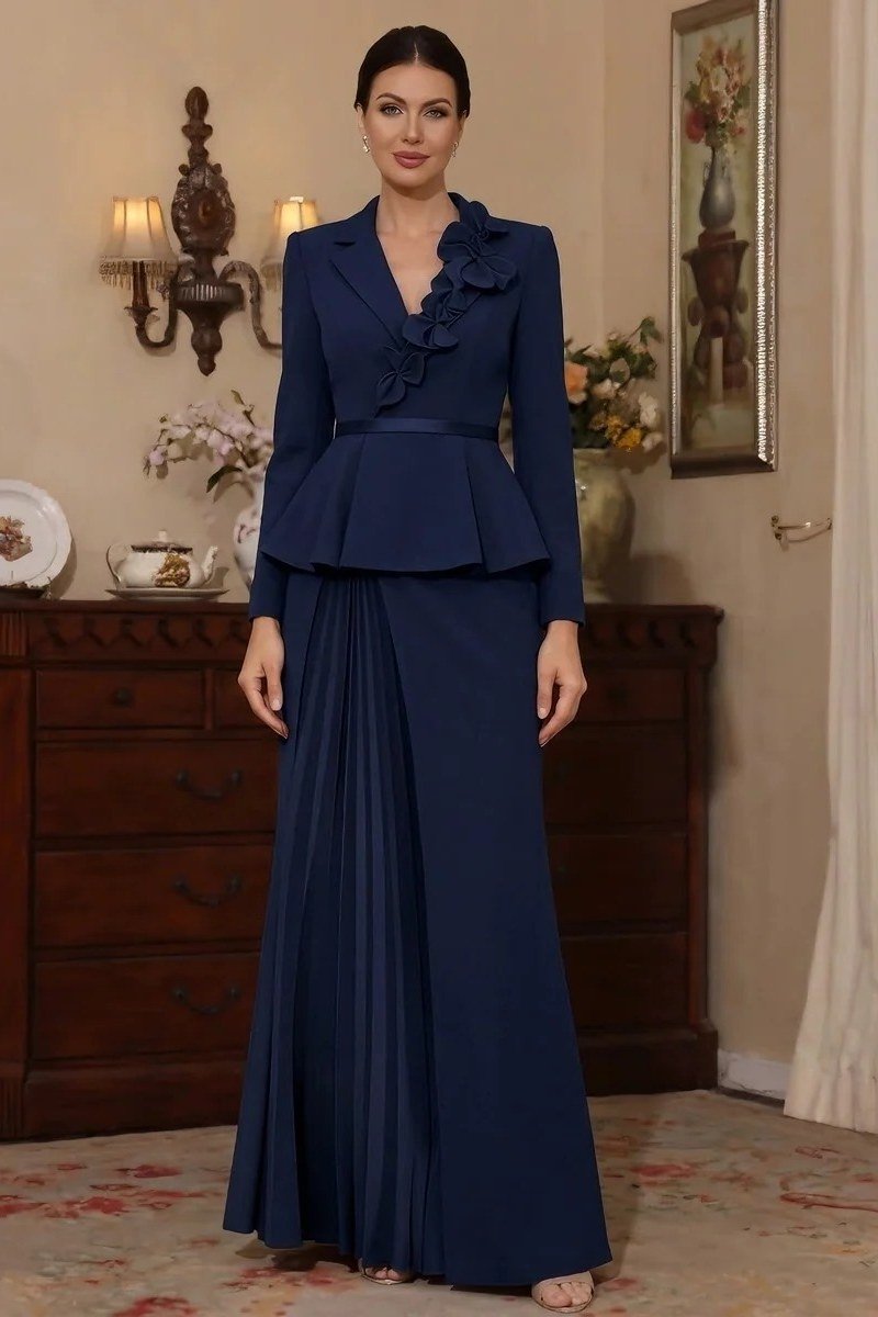 Navy Peplum Two-Piece Set - fall mother of the bride set for women over 50, elegant evening wedding outfit