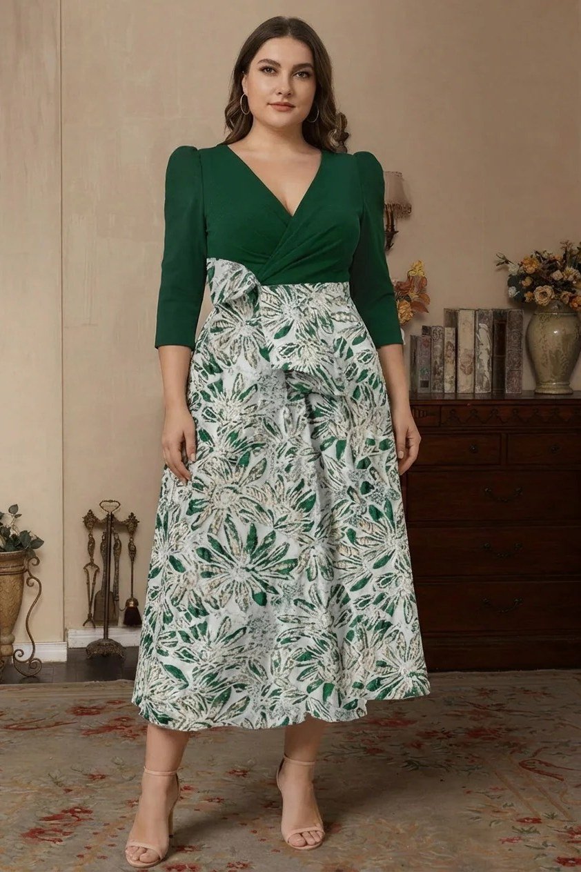 Emerald Top with Floral Skirt - fall mother of the bride dress for women over 50, elegant evening wedding outfit