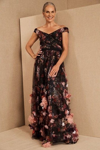 Black Floral Off-the-Shoulder Dress - fall mother of the bride dress for women over 50, elegant evening wedding outfit