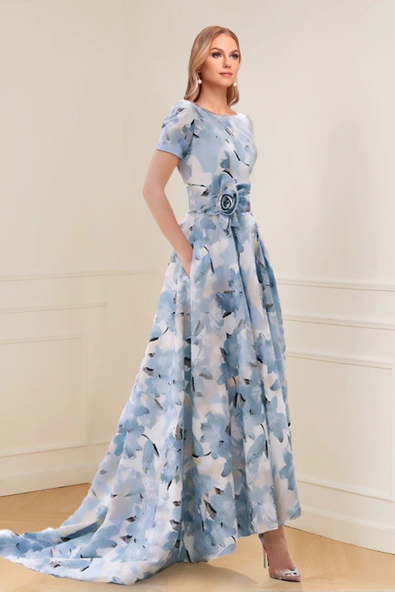 Blue Floral Gown - fall mother of the bride gown for women over 50, elegant evening wedding outfit