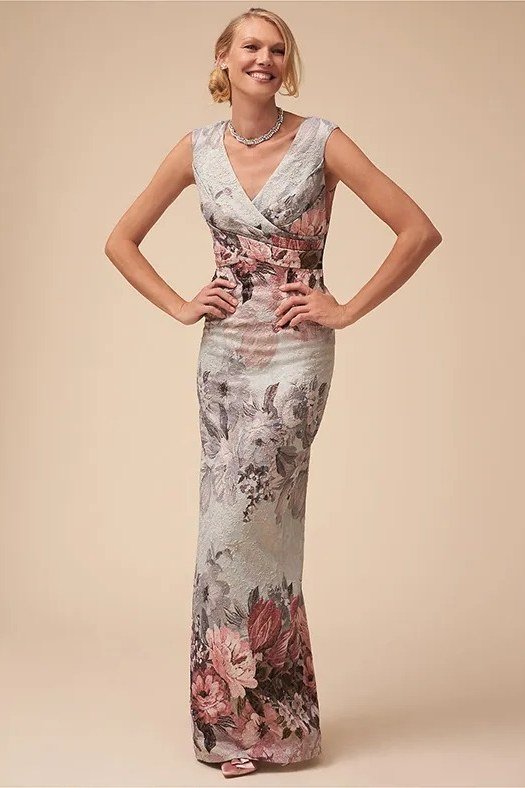 Silver Floral Sheath - fall mother of the bride dress for women over 50, elegant evening wedding outfit
