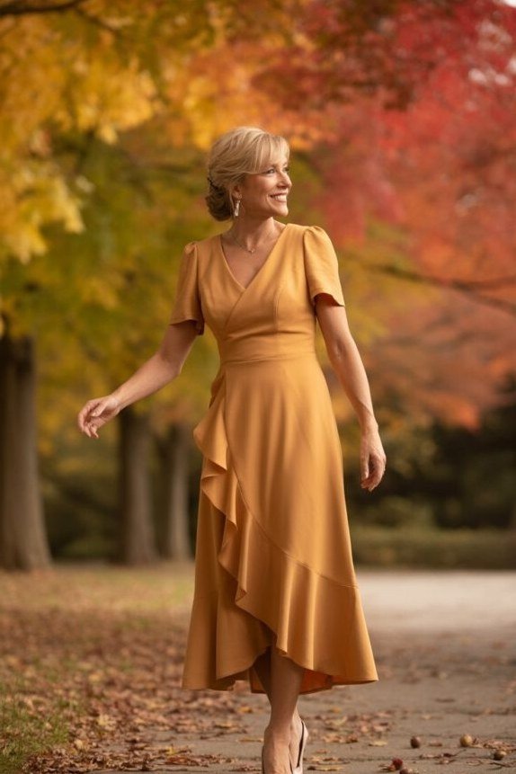 Mustard Wrap Dress - fall mother of the bride dress for women over 50, elegant evening wedding outfit