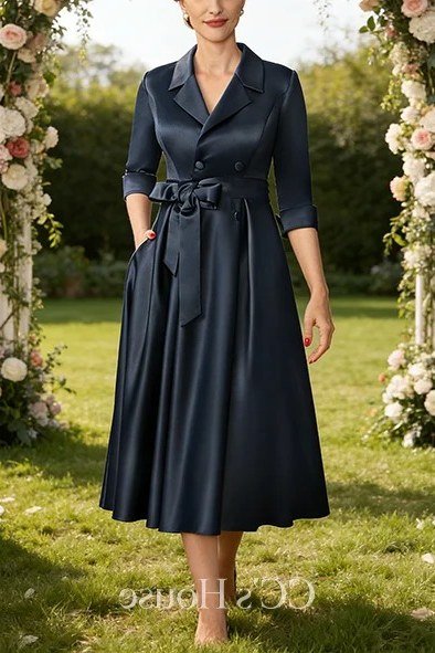 Navy Shirt Dress - fall mother of the bride dress for women over 50, elegant evening wedding outfit