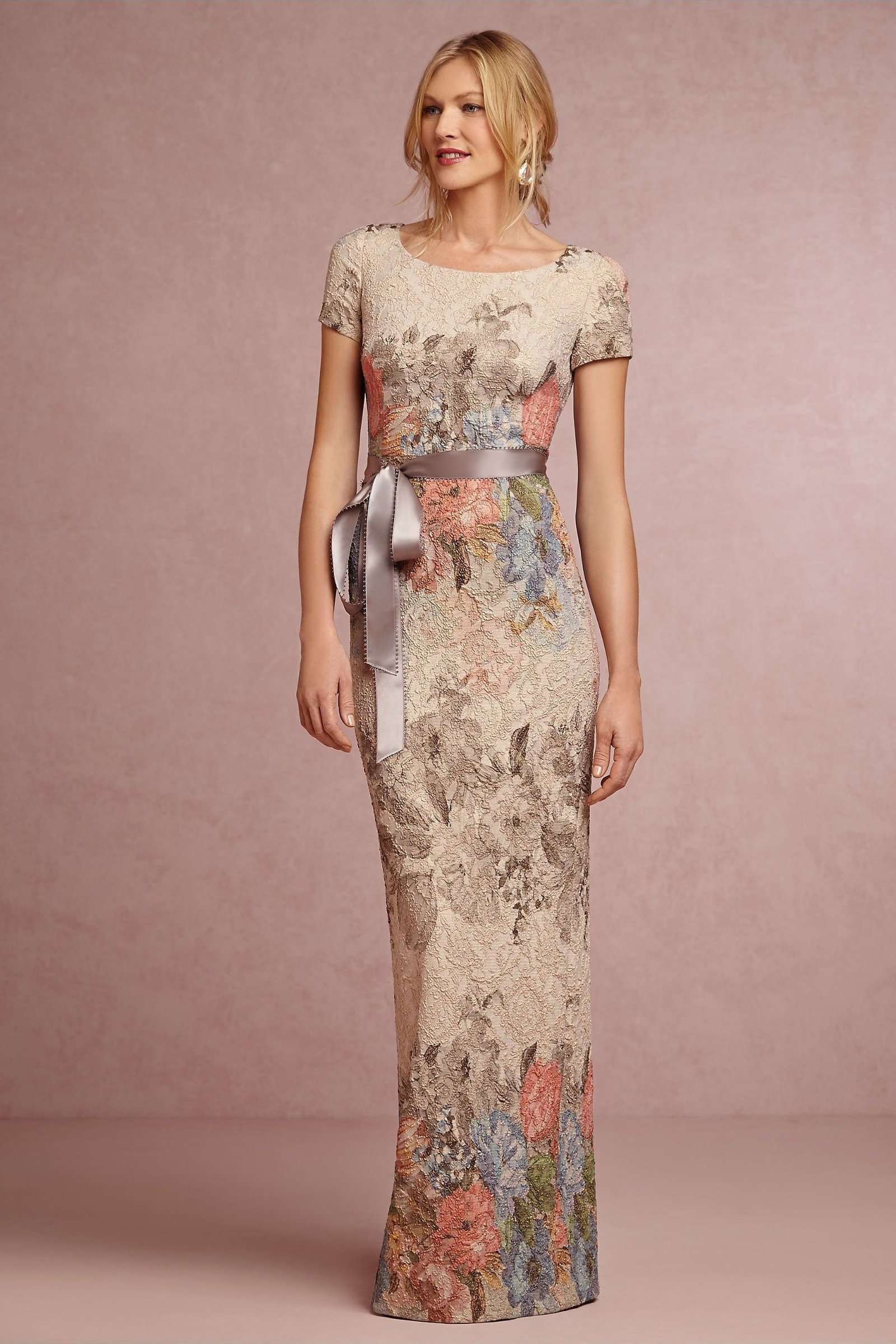 Floral Column Gown - fall mother of the bride gown for women over 50, elegant evening wedding outfit