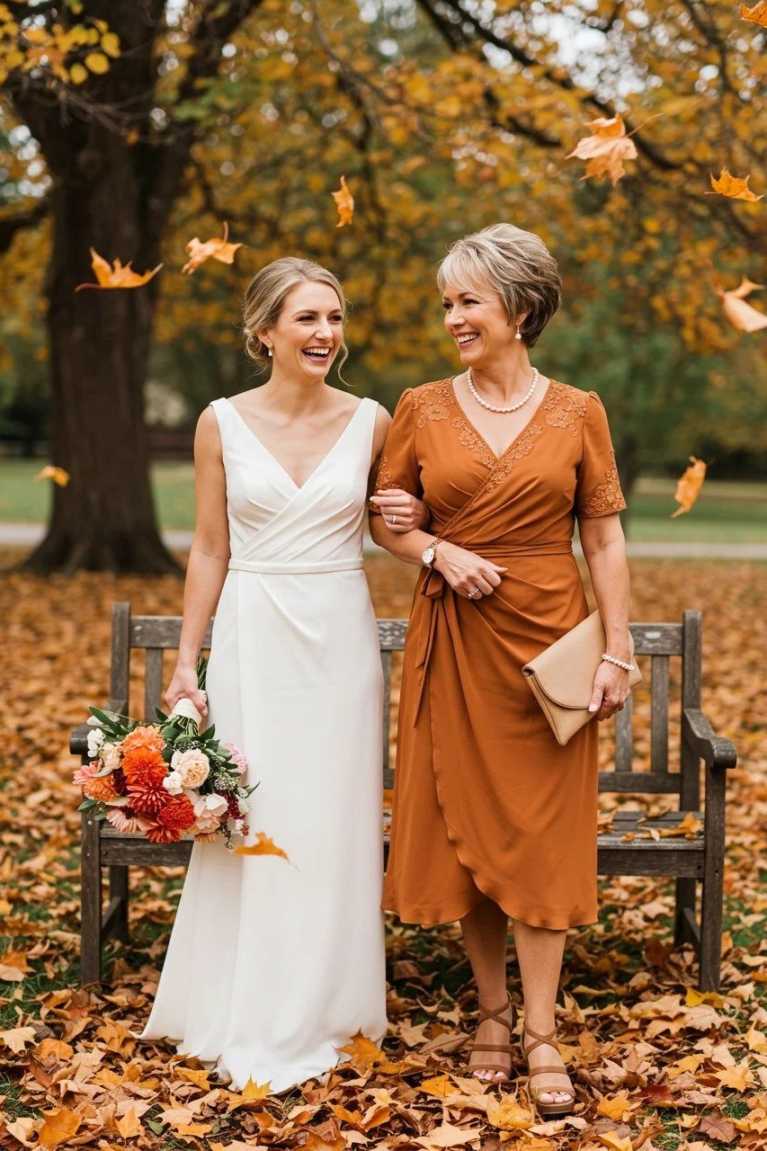 Rust Wrap Dress - fall mother of the bride dress for women over 50, elegant evening wedding outfit