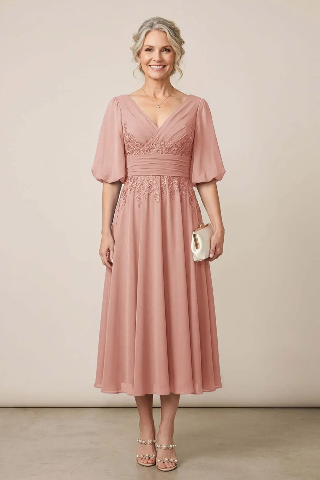 Dusty Rose Tea Dress - fall mother of the bride dress for women over 50, elegant evening wedding outfit