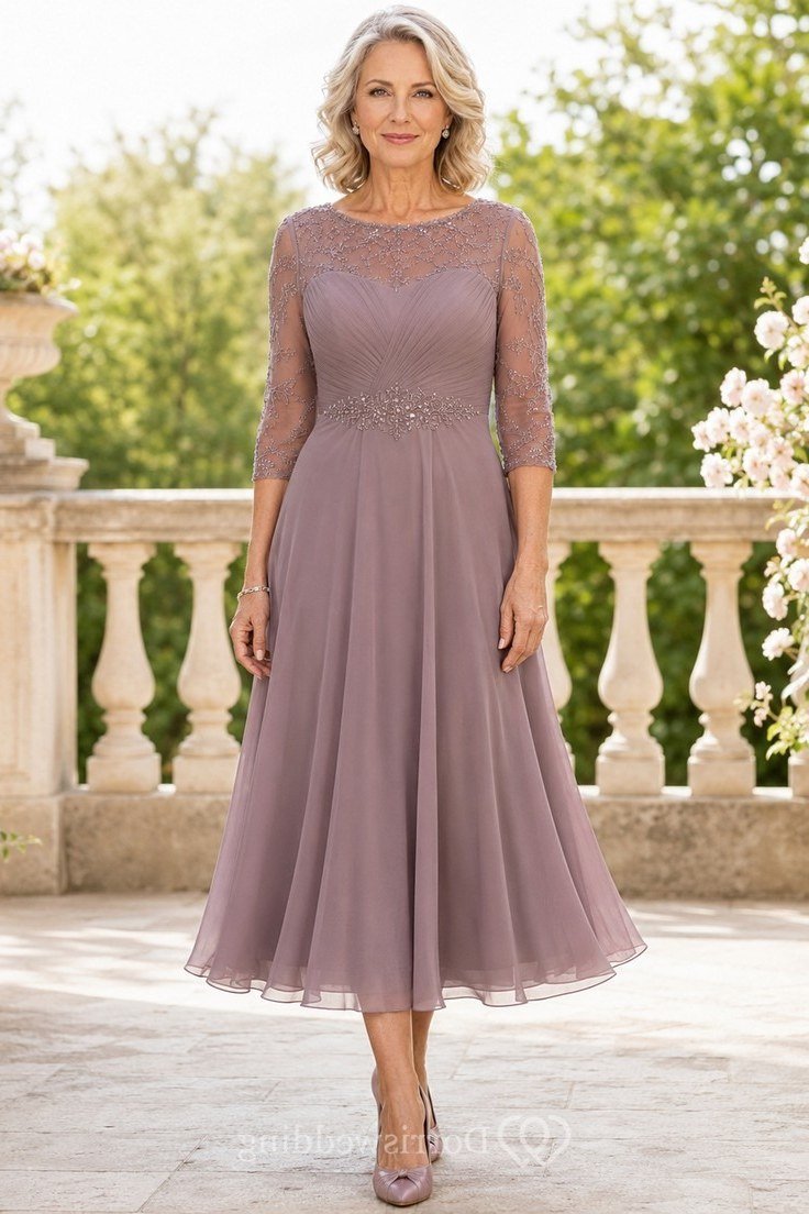 Mauve Chiffon Dress - fall mother of the bride dress for women over 50, elegant evening wedding outfit