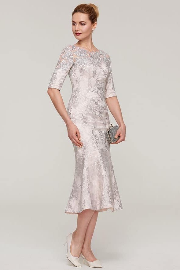 Silver Lace Sheath Dress - fall mother of the bride dress for women over 50, elegant evening wedding outfit