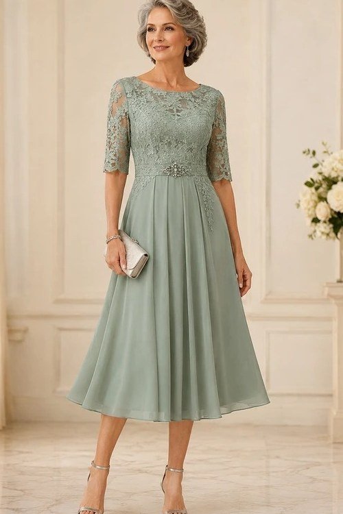 Sage Lace Dress - fall mother of the bride dress for women over 50, elegant evening wedding outfit