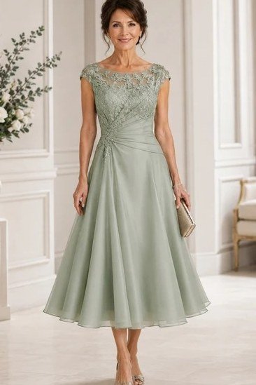 Sage Cap-Sleeve Dress - fall mother of the bride dress for women over 50, elegant evening wedding outfit
