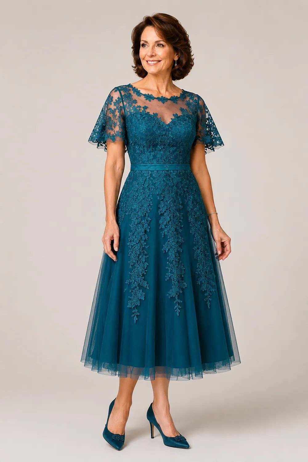 Teal Lace Dress - fall mother of the bride dress for women over 50, elegant evening wedding outfit