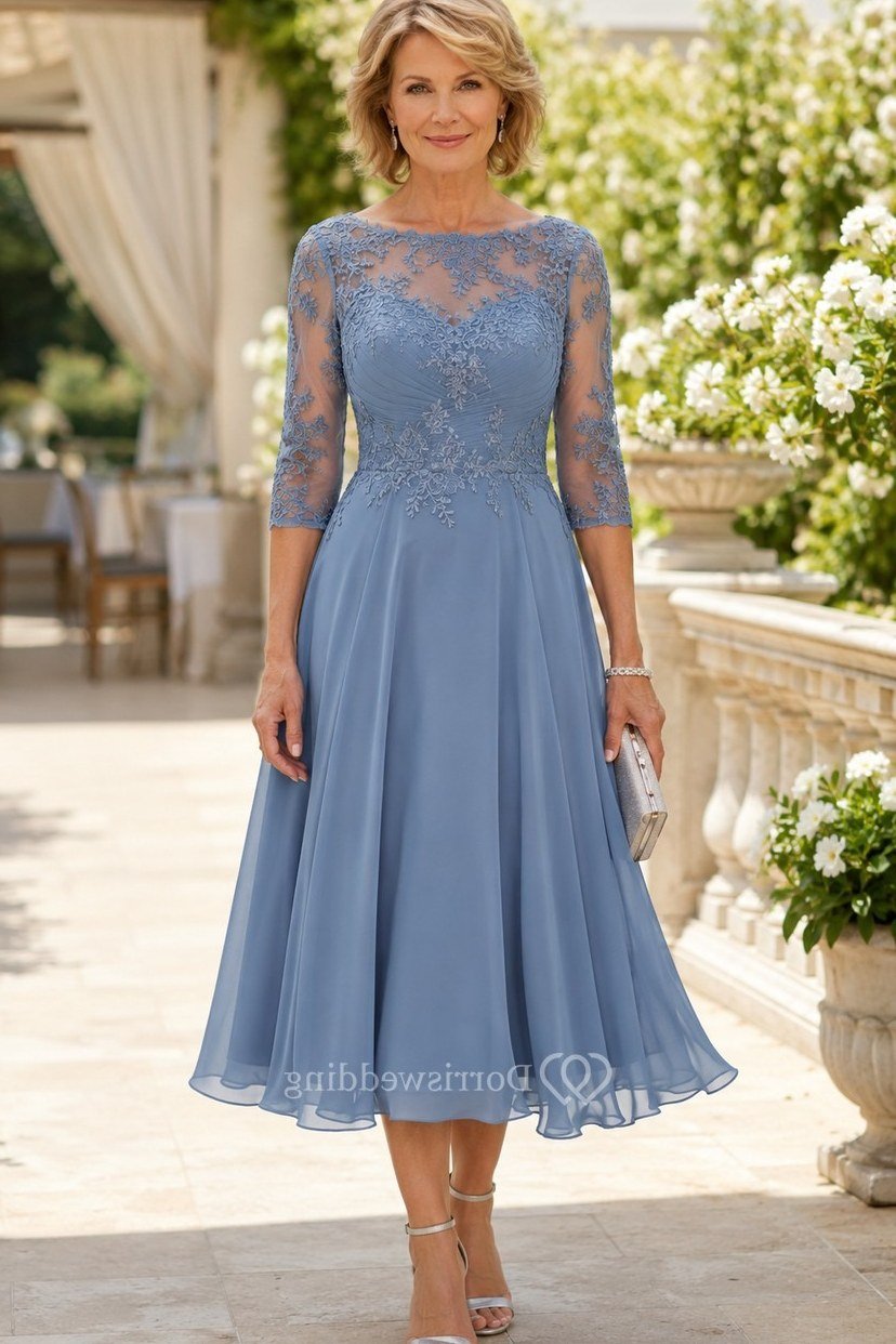 Periwinkle Lace Dress - fall mother of the bride dress for women over 50, elegant evening wedding outfit
