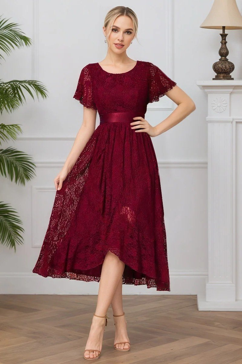 Burgundy Lace Dress - fall mother of the bride dress for women over 50, elegant evening wedding outfit