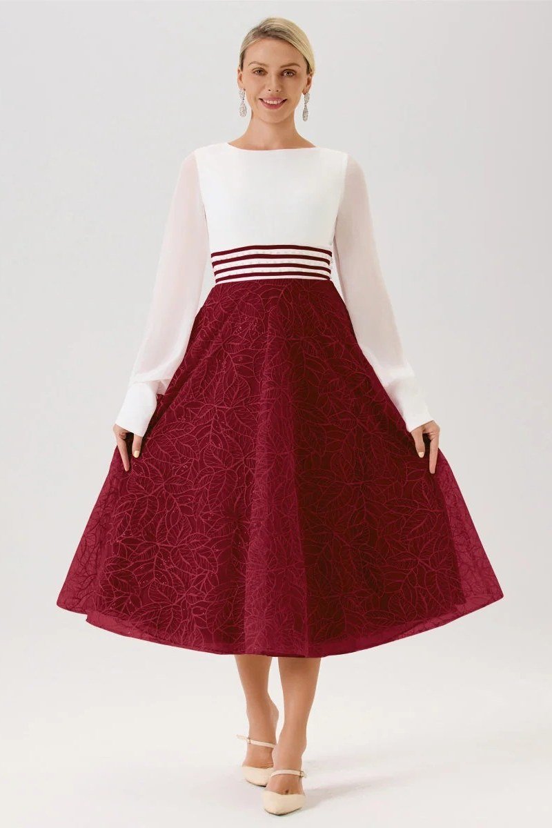 Burgundy and White Colorblock Dress - fall mother of the bride dress for women over 50, elegant evening wedding outfit