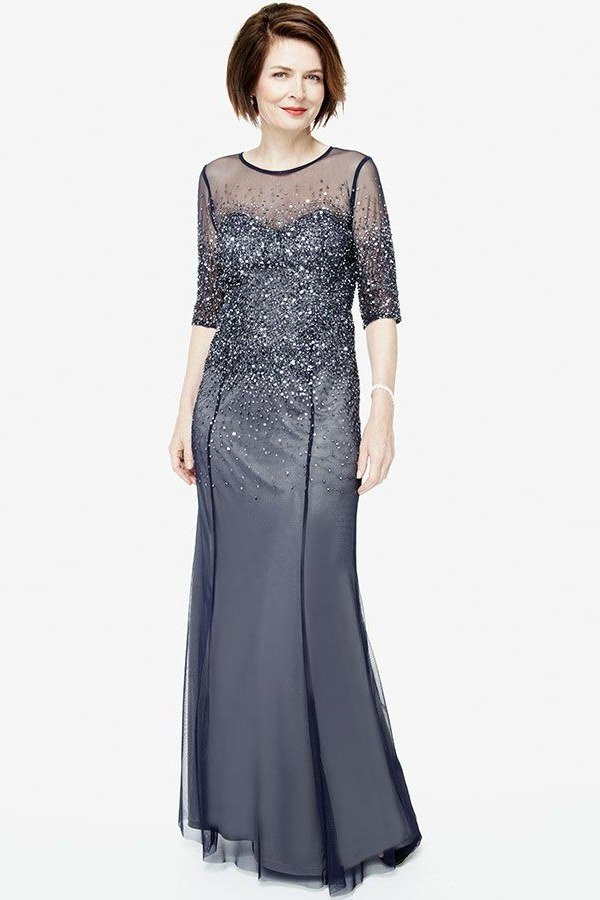 Pewter Beaded Gown - fall mother of the bride gown for women over 50, elegant evening wedding outfit