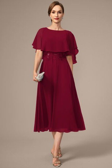 Crimson Flutter-Sleeve Dress - fall mother of the bride dress for women over 50, elegant evening wedding outfit