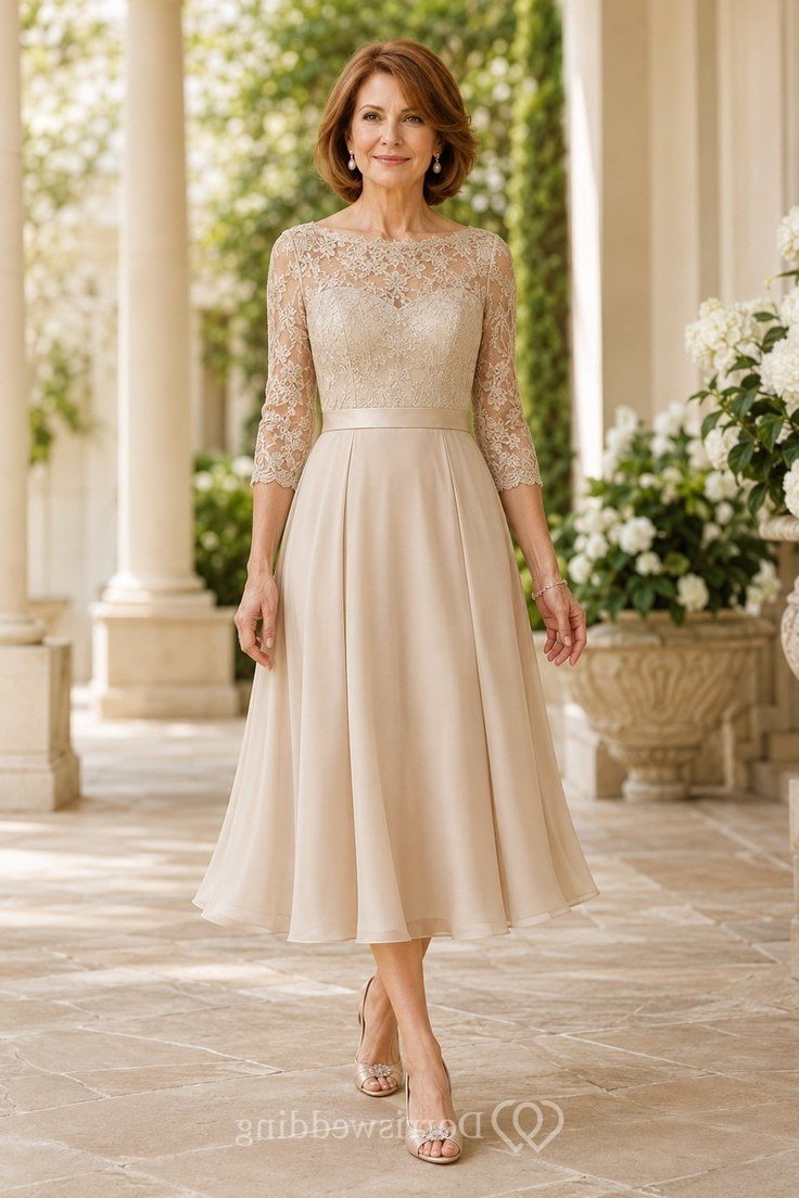 Champagne Lace Tea-Length Dress - fall mother of the bride dress for women over 50, elegant evening wedding outfit
