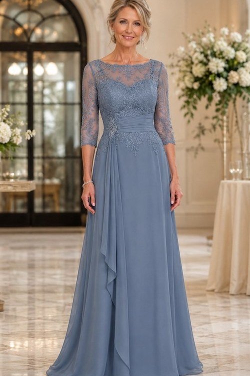 Dusty Blue Lace Gown - fall mother of the bride gown for women over 50, elegant evening wedding outfit