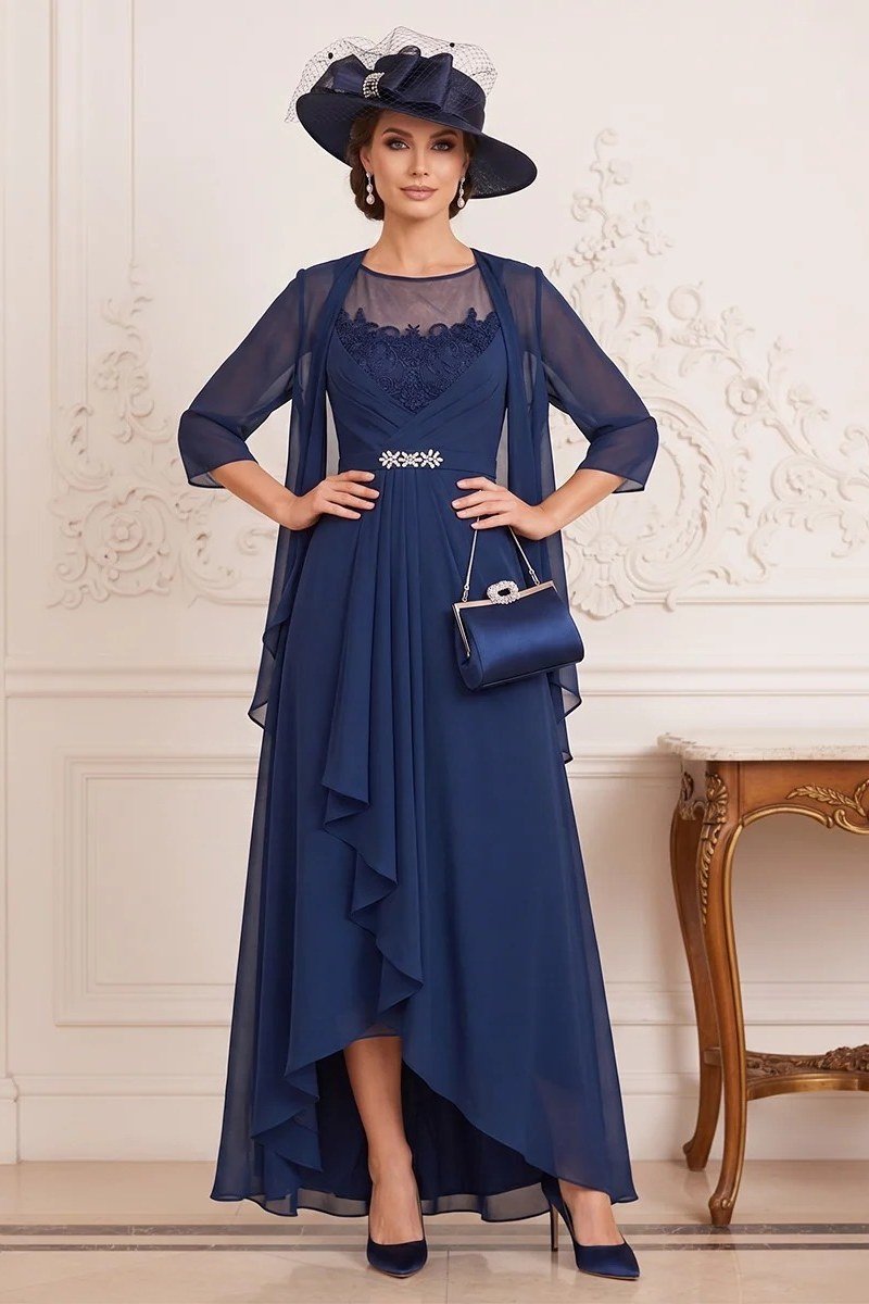 Navy Lace Dress with Fascinator - fall mother of the bride dress for women over 50, elegant evening wedding outfit