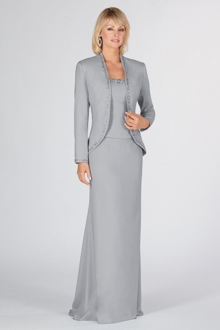 Silver Three-Piece Suit - fall mother of the bride suit for women over 50, elegant evening wedding outfit