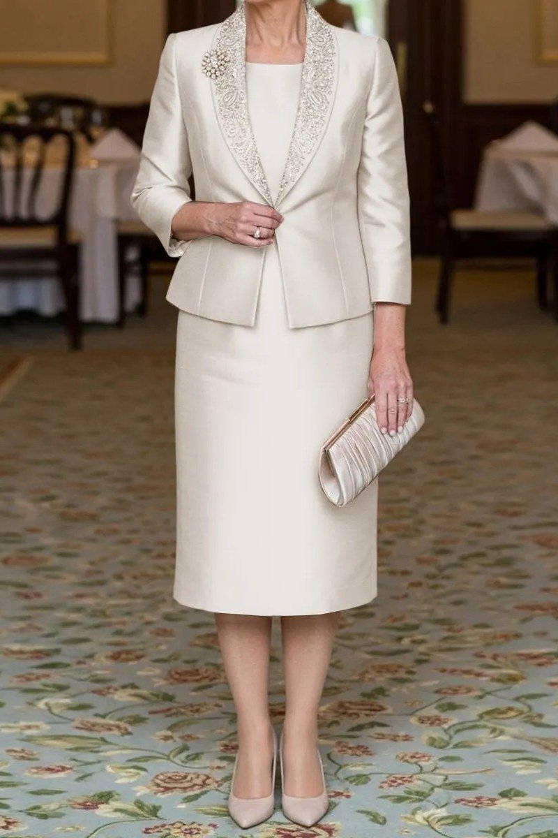 Ivory Beaded Suit - fall mother of the bride suit for women over 50, elegant evening wedding outfit