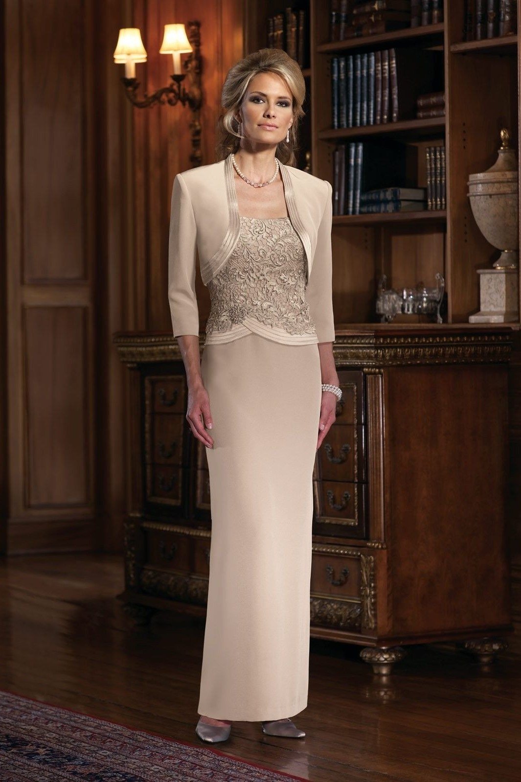 Champagne Beaded Dress - fall mother of the bride dress for women over 50, elegant evening wedding outfit