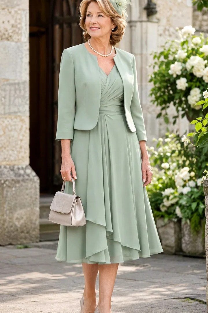 Sage Ruffle Dress with Jacket - fall mother of the bride dress for women over 50, elegant evening wedding outfit