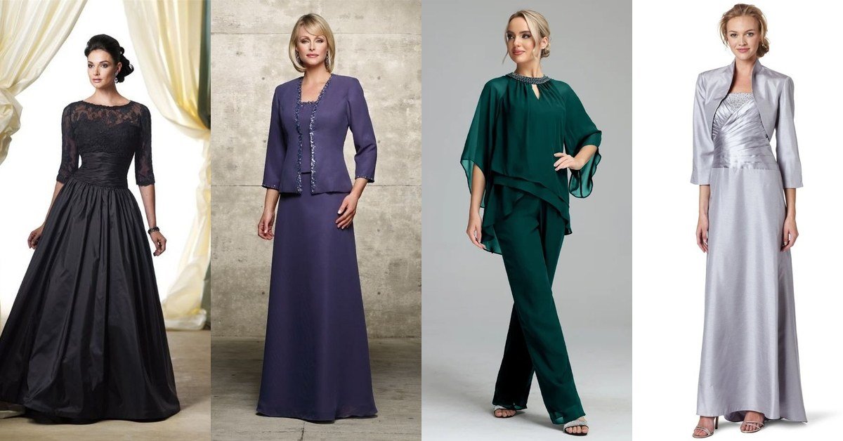 Collage of four elegant fall mother of the bride dresses for women over 50.