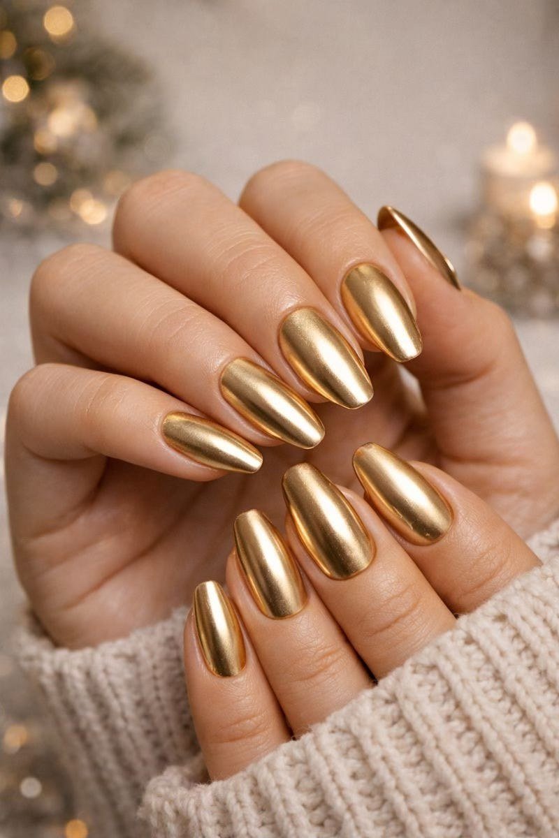 Gold chrome almond nails for women over 50 - classy winter nail idea 11