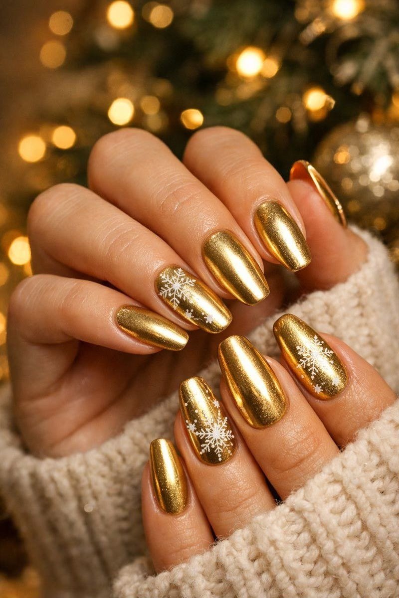 Gold with white snowflake almond nails for women over 50 - classy winter nail idea 12
