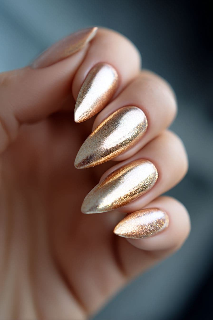 Gold chrome stiletto nails for women over 50 - classy winter nail idea 13