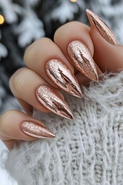 Rose gold chrome almond nails for women over 50 - classy winter nail idea 15