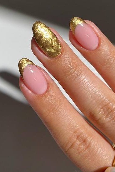 Pink with gold french tips nails for women over 50 - classy winter nail idea 16