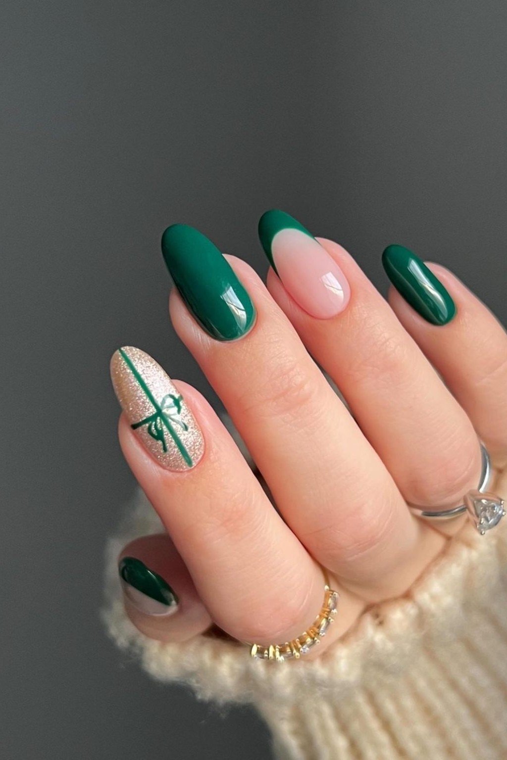 Emerald and nude with tree art nails for women over 50 - classy winter nail idea 20
