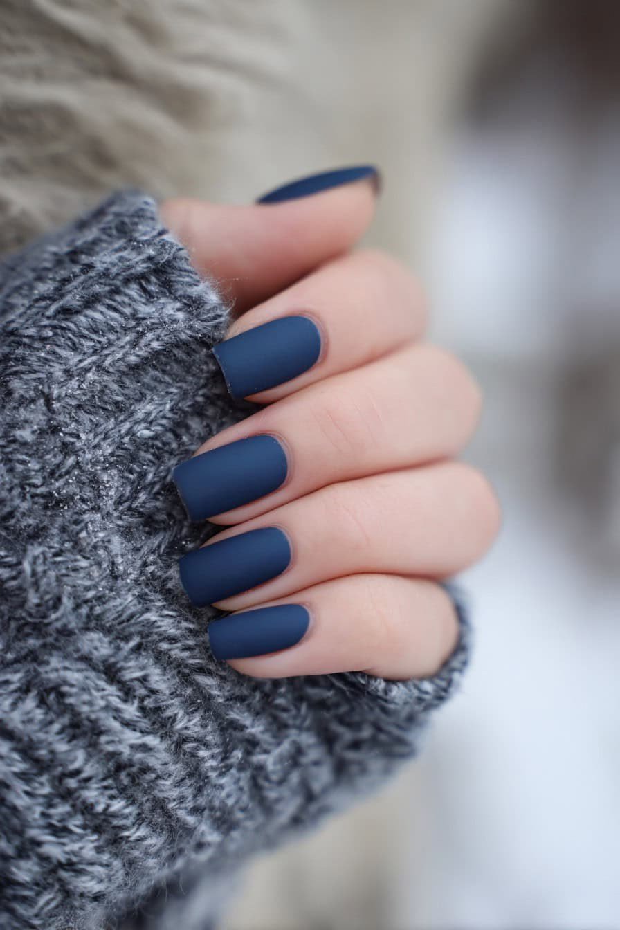 Navy with white snowflake square nails for women over 50 - classy winter nail idea 32