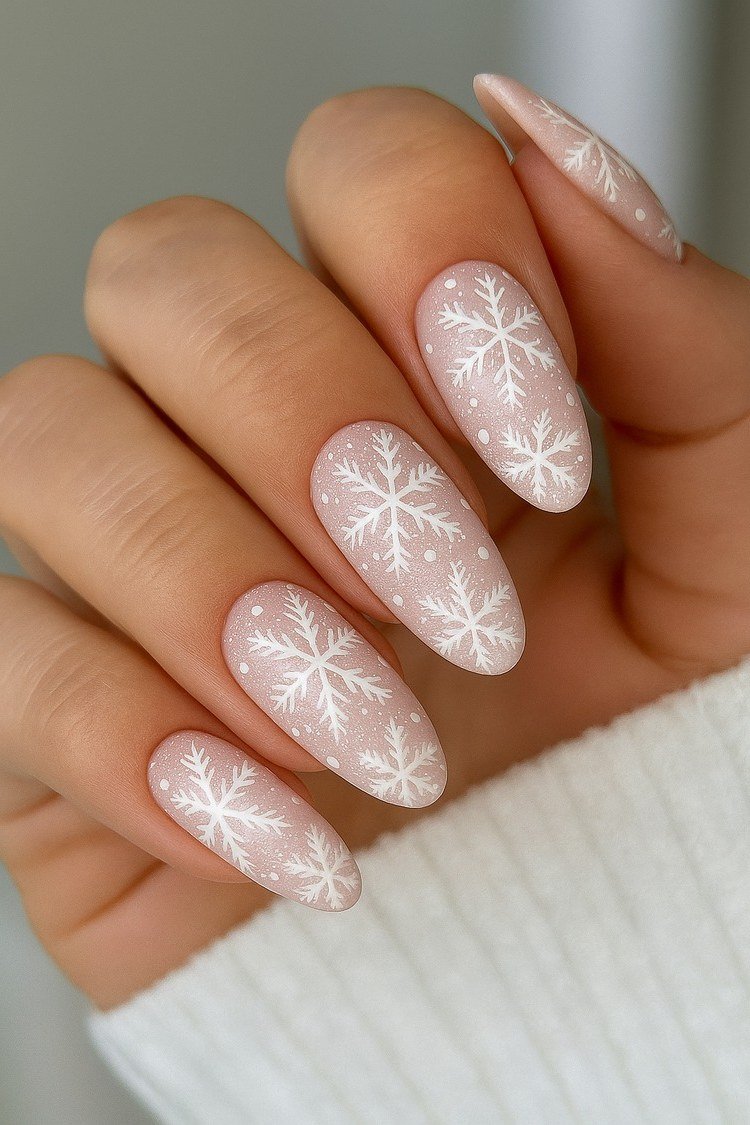 White snowflakes on sheer almond nails for women over 50 - classy winter nail idea 35