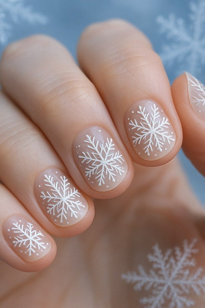 White snowflake closeup on sheer nails for women over 50 - classy winter nail idea 36