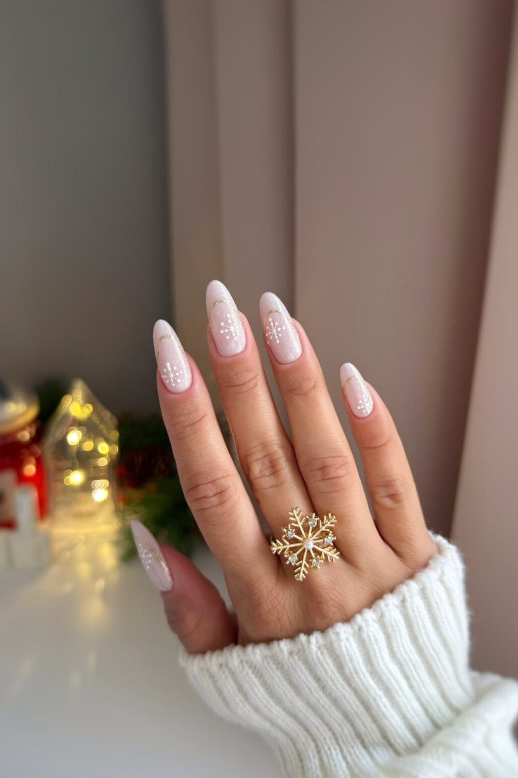 Short nude with snowflake nails for women over 50 - classy winter nail idea 39