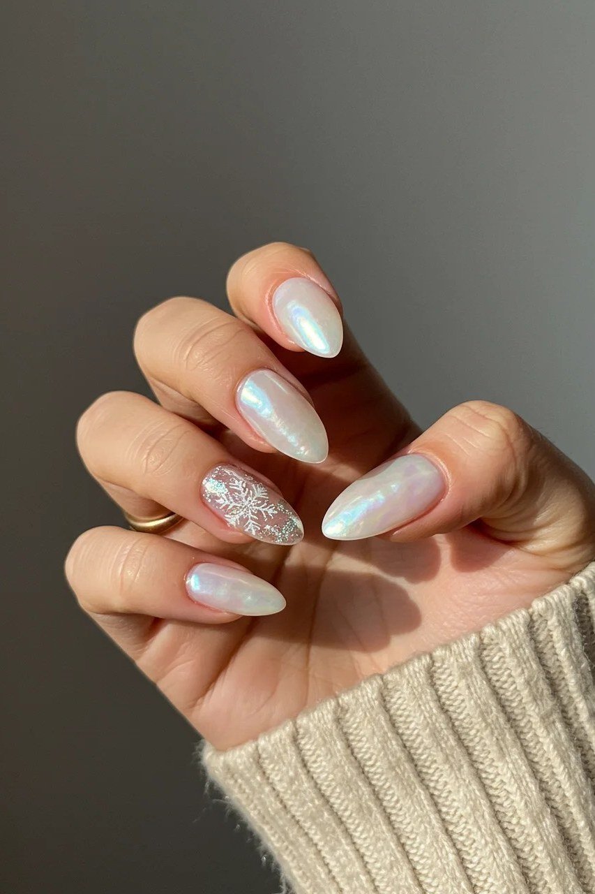 Pearl white almond nails for women over 50 - classy winter nail idea 40