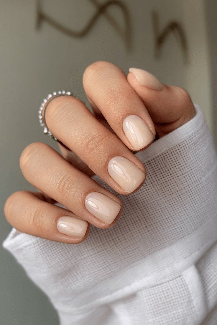 Nude short square nails for women over 50 - classy winter nail idea 51