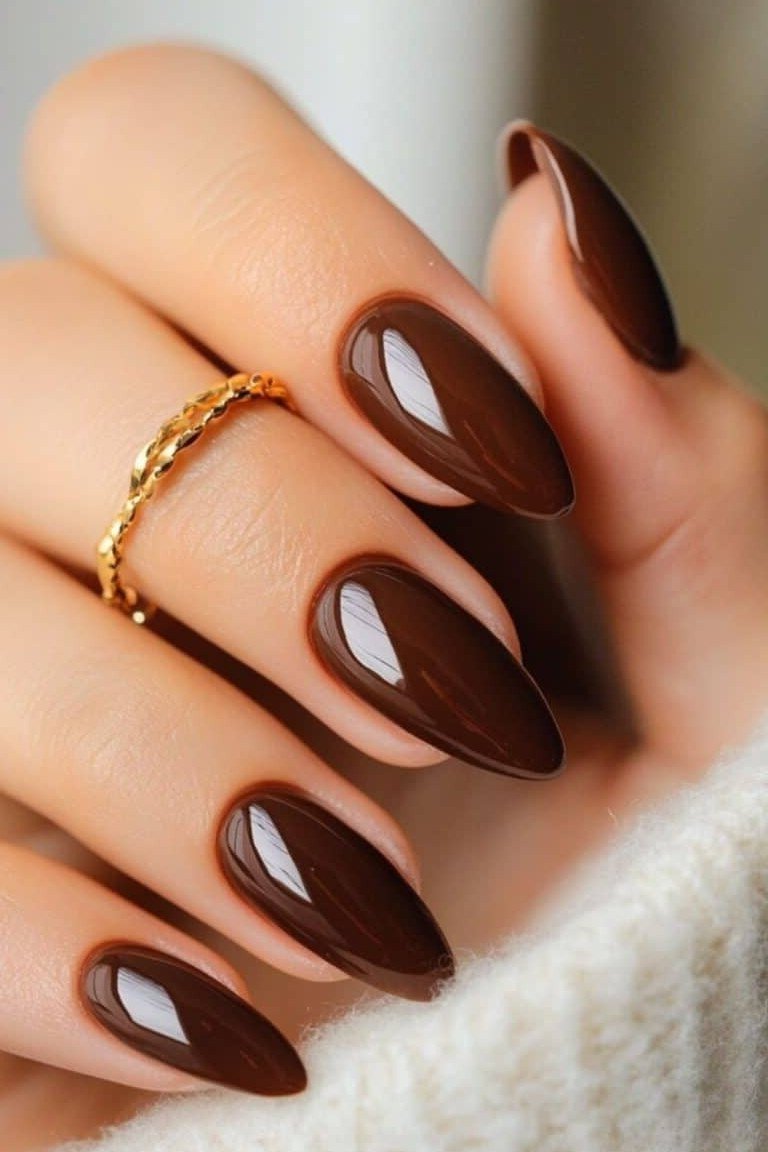 Chocolate brown almond nails for women over 50 - classy winter nail idea 54