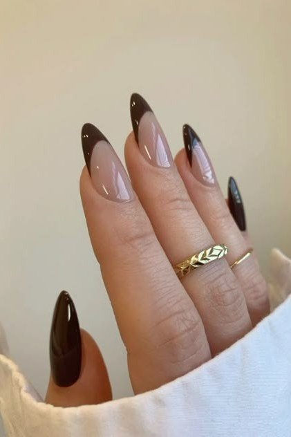 Brown french tips almond nails for women over 50 - classy winter nail idea 55