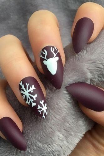 Matte plum with reindeer and snowflake nails for women over 50 - classy winter nail idea 59