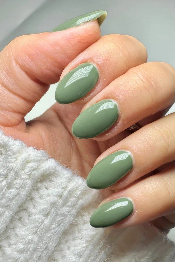 Glossy Sage Almond Nails for women over 50 - olive green nail idea 1