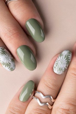 Olive Almond Nails with Lace Accents for women over 50 - olive green nail idea 51